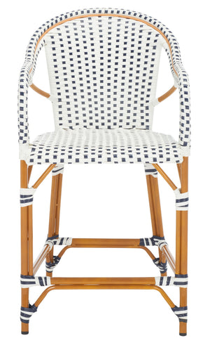 Safavieh CALIFORNIA Counter Stool - Elegant Outdoor Seating with French Bistro Design for Coastal Charm White / Navy PAT7533D