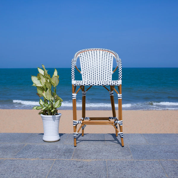 Safavieh CALIFORNIA Counter Stool - Elegant Outdoor Seating with French Bistro Design for Coastal Charm White / Navy PAT7533D