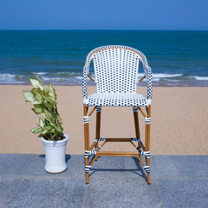 Safavieh CALIFORNIA Counter Stool - Elegant Outdoor Seating with French Bistro Design for Coastal Charm White / Navy PAT7533D