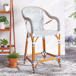 Safavieh CALIFORNIA Counter Stool - Elegant Outdoor Seating with French Bistro Design for Coastal Charm White / Navy PAT7533D