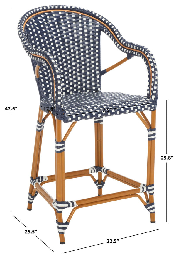 Safavieh CALIFORNIA Counter Stool - Elegant Outdoor Seating with French Bistro Design for Coastal Charm Navy / White PAT7533E