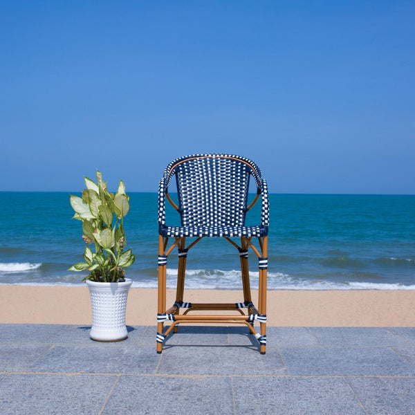 Safavieh CALIFORNIA Counter Stool - Elegant Outdoor Seating with French Bistro Design for Coastal Charm Navy / White PAT7533E