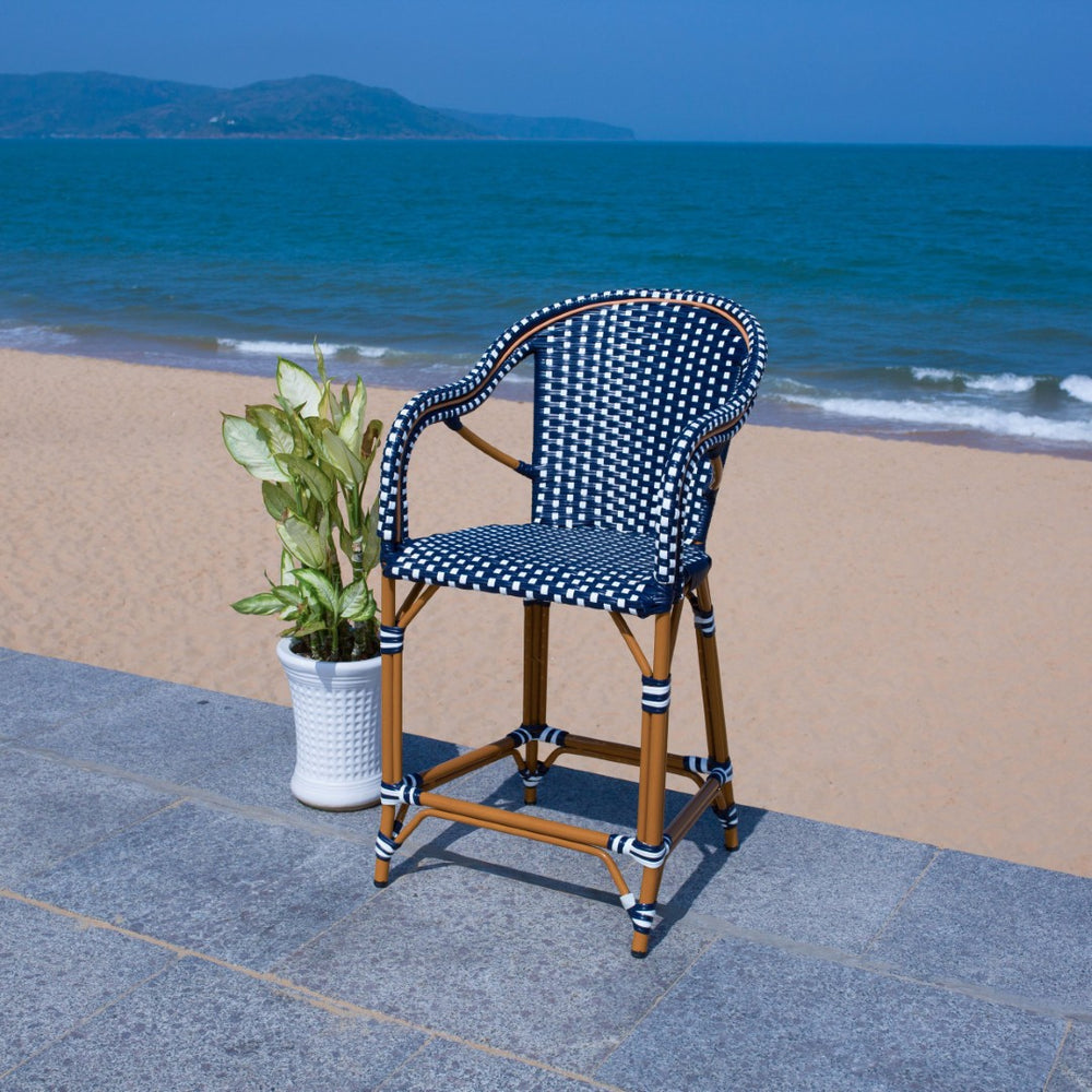 Safavieh CALIFORNIA Counter Stool - Elegant Outdoor Seating with French Bistro Design for Coastal Charm Navy / White PAT7533E