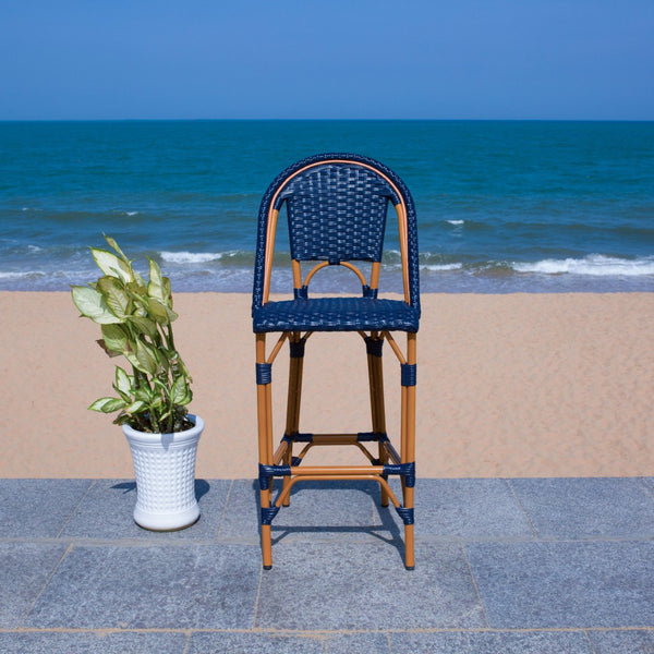 Safavieh CALIFORNIA Bar Stool - Stylish, Weather-Resistant Seating for Outdoor Dining and Relaxed Gatherings Navy PAT7534B