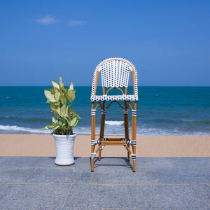 Safavieh CALIFORNIA Bar Stool - Stylish, Weather-Resistant Seating for Outdoor Dining and Relaxed Gatherings White / Navy PAT7534D