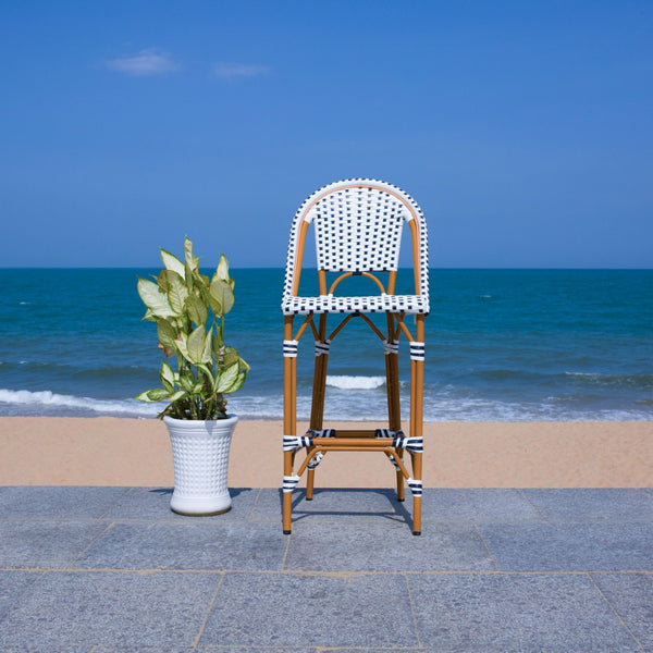 Safavieh CALIFORNIA Bar Stool - Stylish, Weather-Resistant Seating for Outdoor Dining and Relaxed Gatherings White / Navy PAT7534D