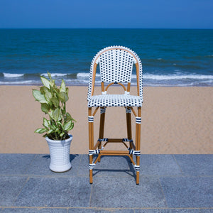 Safavieh CALIFORNIA Bar Stool - Stylish, Weather-Resistant Seating for Outdoor Dining and Relaxed Gatherings White / Navy PAT7534D