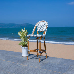 Safavieh CALIFORNIA Bar Stool - Stylish, Weather-Resistant Seating for Outdoor Dining and Relaxed Gatherings White / Navy PAT7534D