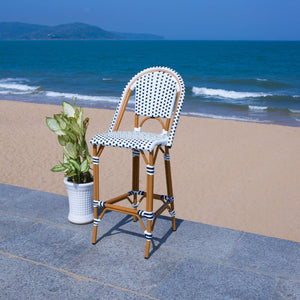 Safavieh CALIFORNIA Bar Stool - Stylish, Weather-Resistant Seating for Outdoor Dining and Relaxed Gatherings White / Navy PAT7534D