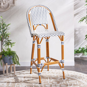Safavieh CALIFORNIA Bar Stool - Stylish, Weather-Resistant Seating for Outdoor Dining and Relaxed Gatherings White / Navy PAT7534D