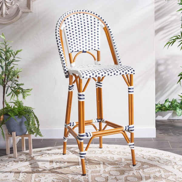Safavieh CALIFORNIA Bar Stool - Stylish, Weather-Resistant Seating for Outdoor Dining and Relaxed Gatherings White / Navy PAT7534D