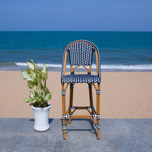 Safavieh CALIFORNIA Bar Stool - Stylish, Weather-Resistant Seating for Outdoor Dining and Relaxed Gatherings Navy / White PAT7534E