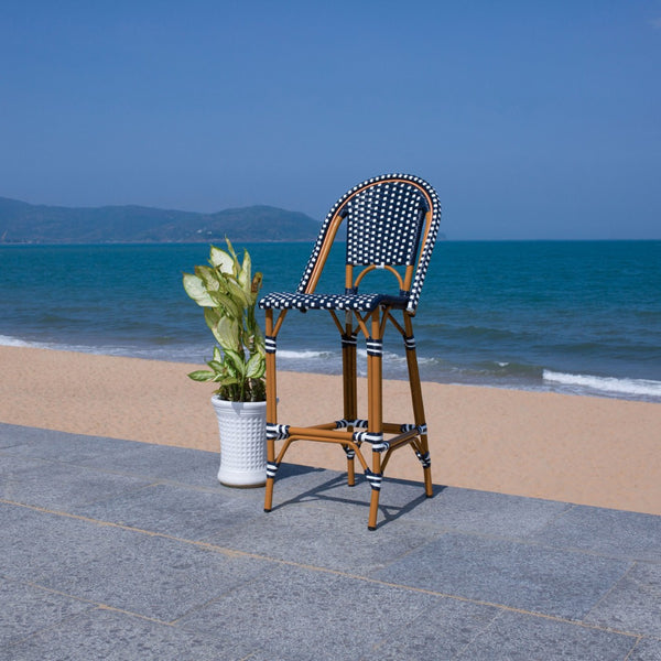 Safavieh CALIFORNIA Bar Stool - Stylish, Weather-Resistant Seating for Outdoor Dining and Relaxed Gatherings Navy / White PAT7534E