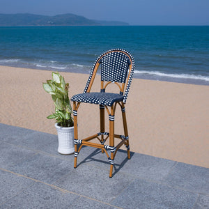 Safavieh CALIFORNIA Bar Stool - Stylish, Weather-Resistant Seating for Outdoor Dining and Relaxed Gatherings Navy / White PAT7534E