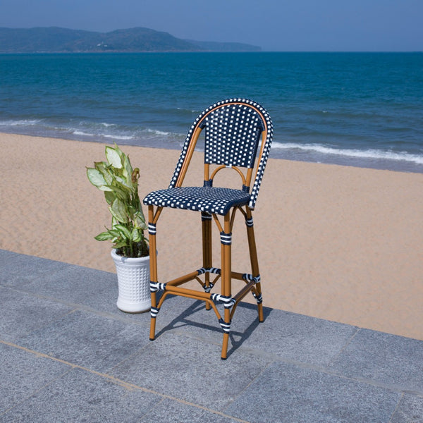 Safavieh CALIFORNIA Bar Stool - Stylish, Weather-Resistant Seating for Outdoor Dining and Relaxed Gatherings Navy / White PAT7534E