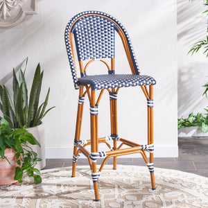 Safavieh CALIFORNIA Bar Stool - Stylish, Weather-Resistant Seating for Outdoor Dining and Relaxed Gatherings Navy / White PAT7534E