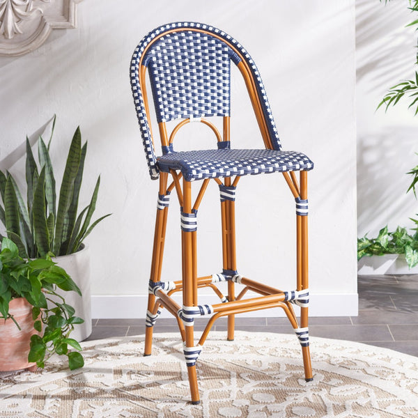 Safavieh CALIFORNIA Bar Stool - Stylish, Weather-Resistant Seating for Outdoor Dining and Relaxed Gatherings Navy / White PAT7534E