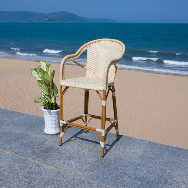Safavieh CALIFORNIA Bar Stool - Elegant Outdoor Seating with Weather-Resistant Faux Wicker & Aluminum Frame Natural PAT7535A