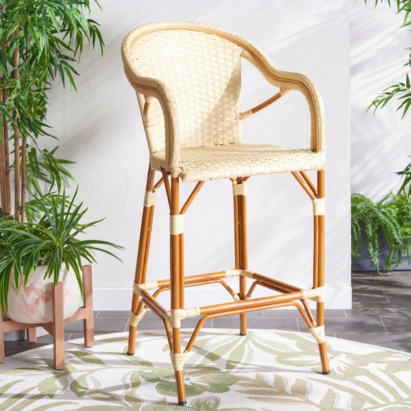Safavieh CALIFORNIA Bar Stool - Elegant Outdoor Seating with Weather-Resistant Faux Wicker & Aluminum Frame Natural PAT7535A