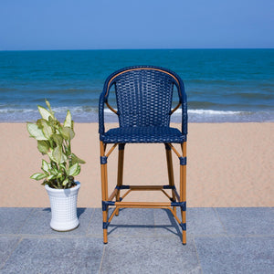 Safavieh CALIFORNIA Bar Stool - Elegant Outdoor Seating with Weather-Resistant Faux Wicker & Aluminum Frame Navy PAT7535B
