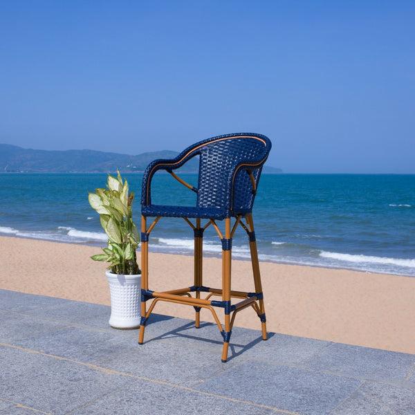 Safavieh CALIFORNIA Bar Stool - Elegant Outdoor Seating with Weather-Resistant Faux Wicker & Aluminum Frame Navy PAT7535B