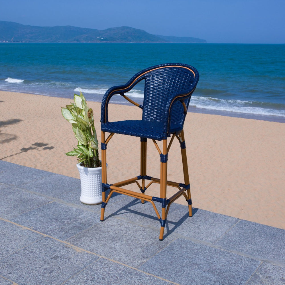 Safavieh CALIFORNIA Bar Stool - Elegant Outdoor Seating with Weather-Resistant Faux Wicker & Aluminum Frame Navy PAT7535B