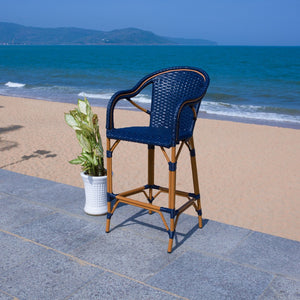 Safavieh CALIFORNIA Bar Stool - Elegant Outdoor Seating with Weather-Resistant Faux Wicker & Aluminum Frame Navy PAT7535B