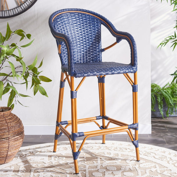 Safavieh CALIFORNIA Bar Stool - Elegant Outdoor Seating with Weather-Resistant Faux Wicker & Aluminum Frame Navy PAT7535B