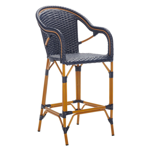Safavieh CALIFORNIA Bar Stool - Elegant Outdoor Seating with Weather-Resistant Faux Wicker & Aluminum Frame Navy PAT7535B