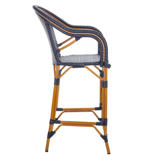Safavieh CALIFORNIA Bar Stool - Elegant Outdoor Seating with Weather-Resistant Faux Wicker & Aluminum Frame Navy PAT7535B