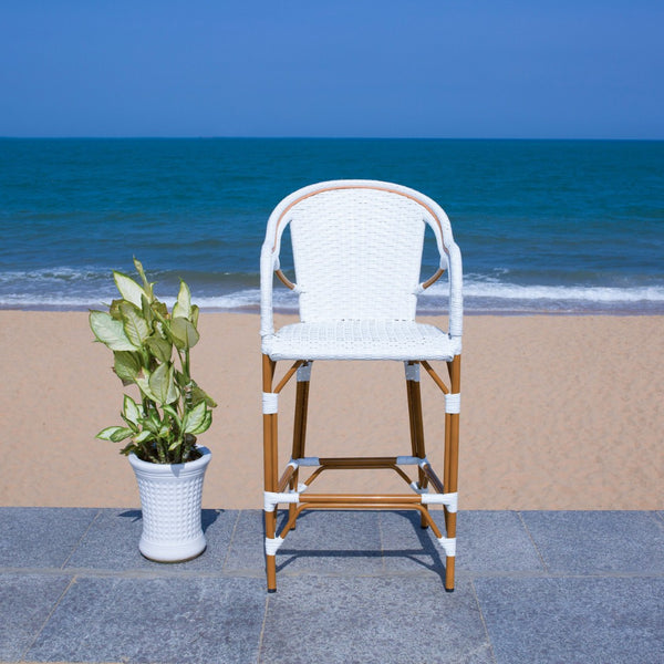 Safavieh CALIFORNIA Bar Stool - Elegant Outdoor Seating with Weather-Resistant Faux Wicker & Aluminum Frame White PAT7535C