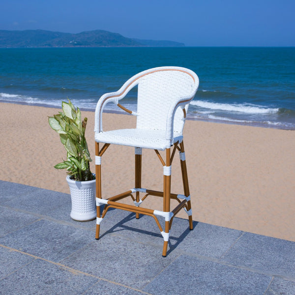 Safavieh CALIFORNIA Bar Stool - Elegant Outdoor Seating with Weather-Resistant Faux Wicker & Aluminum Frame White PAT7535C