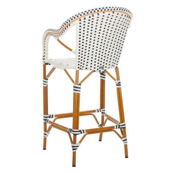 Safavieh CALIFORNIA Bar Stool - Elegant Outdoor Seating with Weather-Resistant Faux Wicker & Aluminum Frame White / Navy PAT7535D