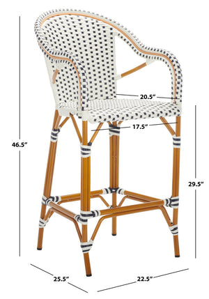 Safavieh CALIFORNIA Bar Stool - Elegant Outdoor Seating with Weather-Resistant Faux Wicker & Aluminum Frame White / Navy PAT7535D