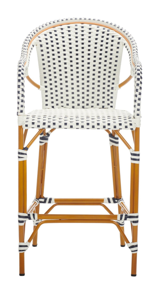 Safavieh CALIFORNIA Bar Stool - Elegant Outdoor Seating with Weather-Resistant Faux Wicker & Aluminum Frame White / Navy PAT7535D