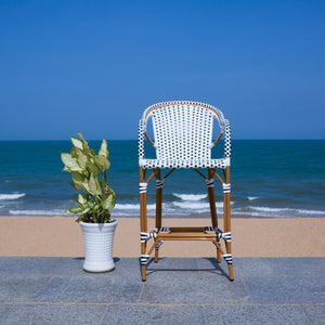 Safavieh CALIFORNIA Bar Stool - Elegant Outdoor Seating with Weather-Resistant Faux Wicker & Aluminum Frame White / Navy PAT7535D
