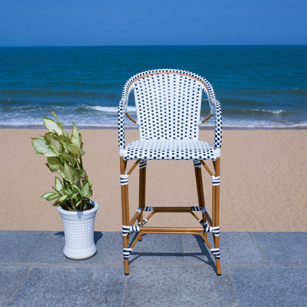 Safavieh CALIFORNIA Bar Stool - Elegant Outdoor Seating with Weather-Resistant Faux Wicker & Aluminum Frame White / Navy PAT7535D