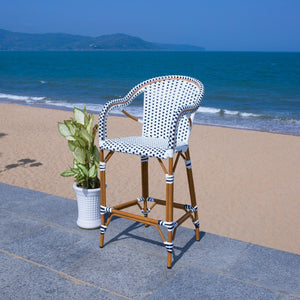 Safavieh CALIFORNIA Bar Stool - Elegant Outdoor Seating with Weather-Resistant Faux Wicker & Aluminum Frame White / Navy PAT7535D