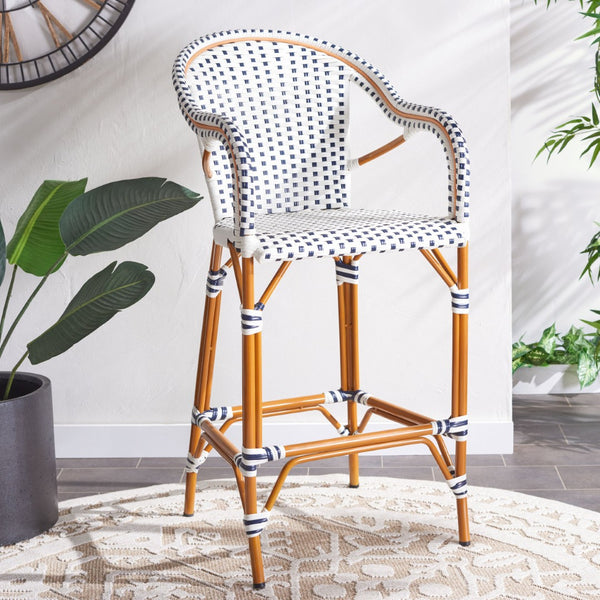 Safavieh CALIFORNIA Bar Stool - Elegant Outdoor Seating with Weather-Resistant Faux Wicker & Aluminum Frame White / Navy PAT7535D