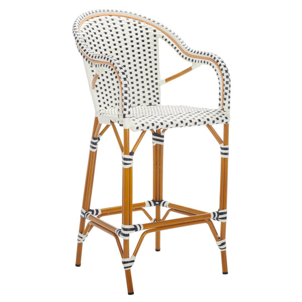 Safavieh CALIFORNIA Bar Stool - Elegant Outdoor Seating with Weather-Resistant Faux Wicker & Aluminum Frame White / Navy PAT7535D