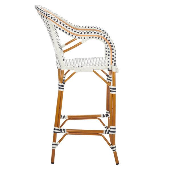 Safavieh CALIFORNIA Bar Stool - Elegant Outdoor Seating with Weather-Resistant Faux Wicker & Aluminum Frame White / Navy PAT7535D