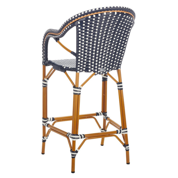 Safavieh CALIFORNIA Bar Stool - Elegant Outdoor Seating with Weather-Resistant Faux Wicker & Aluminum Frame Navy / White PAT7535E