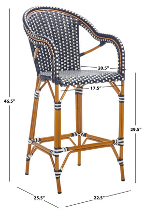 Safavieh CALIFORNIA Bar Stool - Elegant Outdoor Seating with Weather-Resistant Faux Wicker & Aluminum Frame Navy / White PAT7535E