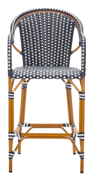 Safavieh CALIFORNIA Bar Stool - Elegant Outdoor Seating with Weather-Resistant Faux Wicker & Aluminum Frame Navy / White PAT7535E