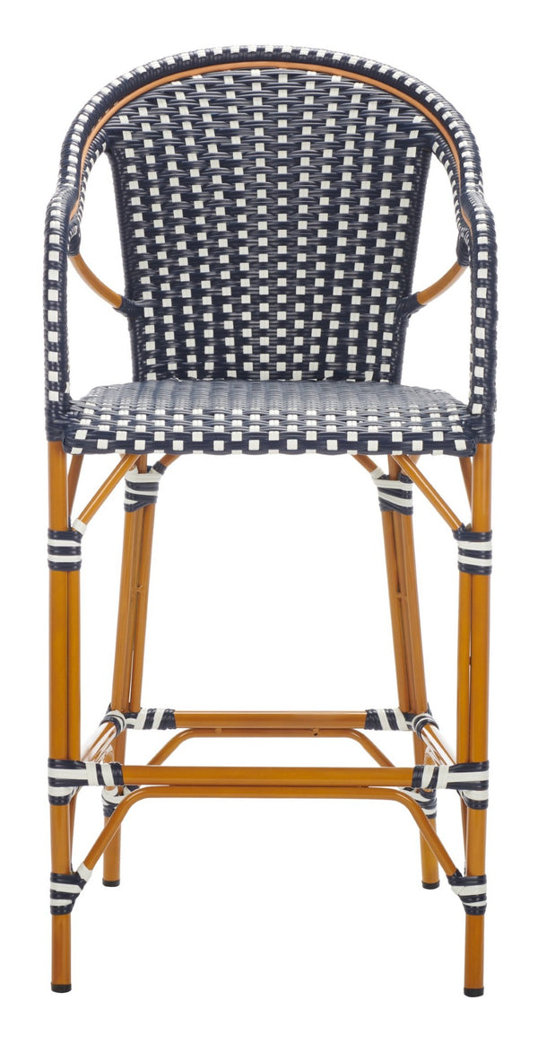 Safavieh CALIFORNIA Bar Stool - Elegant Outdoor Seating with Weather-Resistant Faux Wicker & Aluminum Frame Navy / White PAT7535E