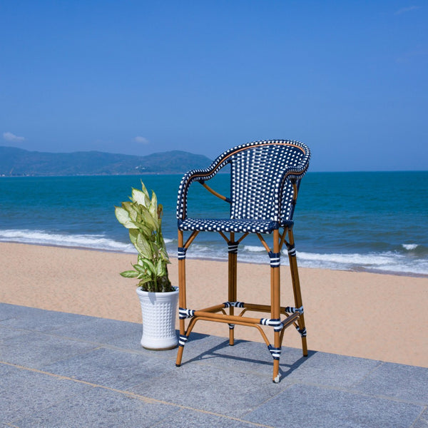 Safavieh CALIFORNIA Bar Stool - Elegant Outdoor Seating with Weather-Resistant Faux Wicker & Aluminum Frame Navy / White PAT7535E