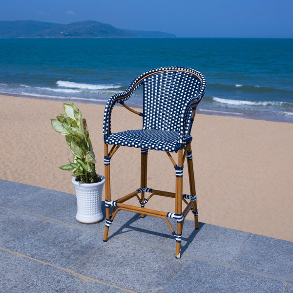 Safavieh CALIFORNIA Bar Stool - Elegant Outdoor Seating with Weather-Resistant Faux Wicker & Aluminum Frame Navy / White PAT7535E