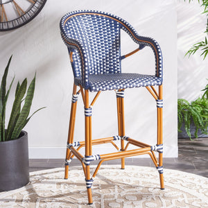Safavieh CALIFORNIA Bar Stool - Elegant Outdoor Seating with Weather-Resistant Faux Wicker & Aluminum Frame Navy / White PAT7535E