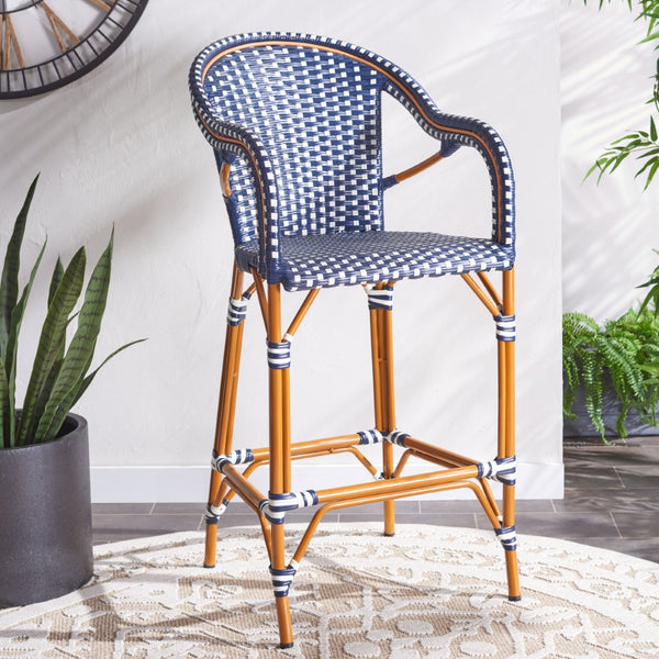 Safavieh CALIFORNIA Bar Stool - Elegant Outdoor Seating with Weather-Resistant Faux Wicker & Aluminum Frame Navy / White PAT7535E