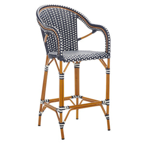 Safavieh CALIFORNIA Bar Stool - Elegant Outdoor Seating with Weather-Resistant Faux Wicker & Aluminum Frame Navy / White PAT7535E